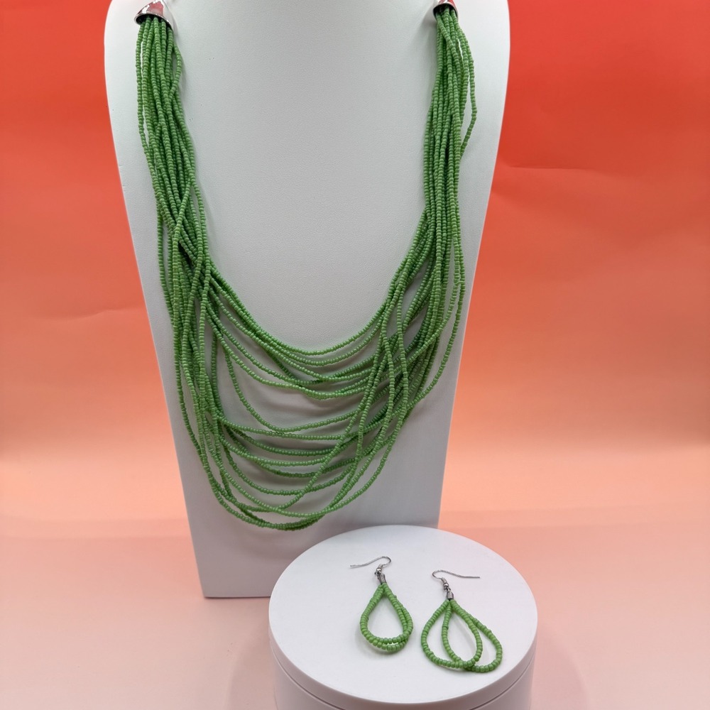 Green Seed Bead Multi Strand Necklace Earrings Set Boho Statement Vintage Chic